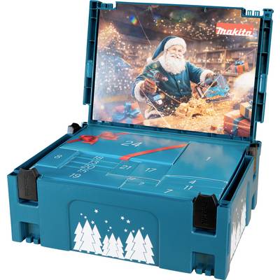 Blue Makita tool case styled as an Advent calendar, with numbered doors and a holiday Santa workshop image on the inside lid.
