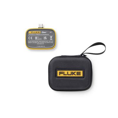 Fluke iSee acoustic camera module and black zippered carrying case with strap on a white background.