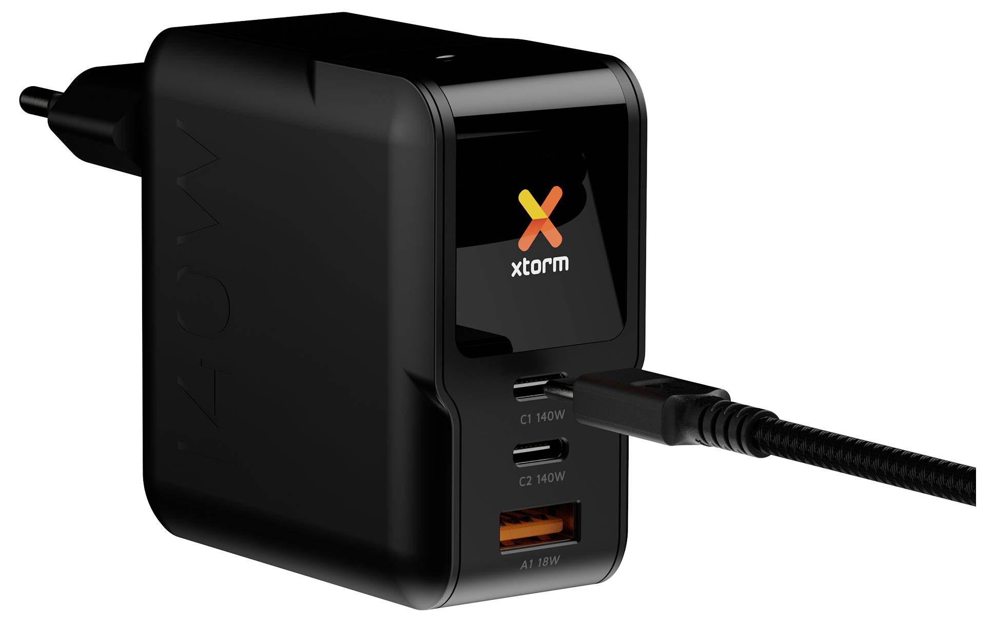 Black Xtorm wall charger with one plugged-in cable, two USB-C ports labeled C1 140W and C2 140W, and one USB-A port labeled A1 18W.<br>