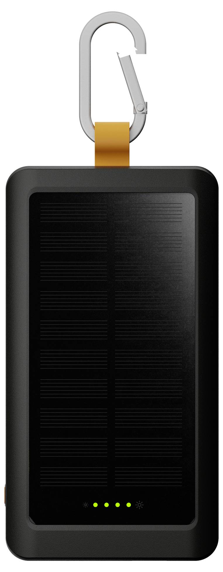 Portable solar charger with a carabiner clip and front LED charge indicators, shown against a white background.