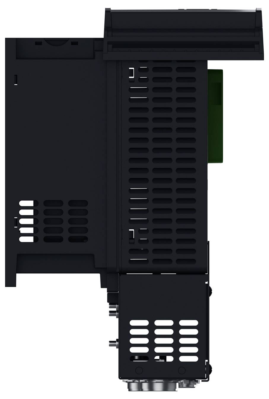 Black electronic circuit board module with vented casing and connectors, shown front view on white background.