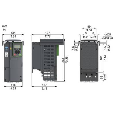 Dimensioned technical drawing of a control device shown front, side, and rear views with measurements in mm and inches.