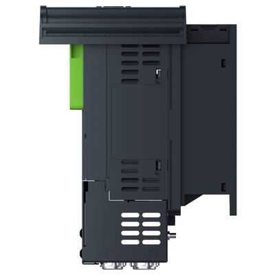 Black industrial electrical module with a bright green side tab and vented front panel, shown in side view on a white background.