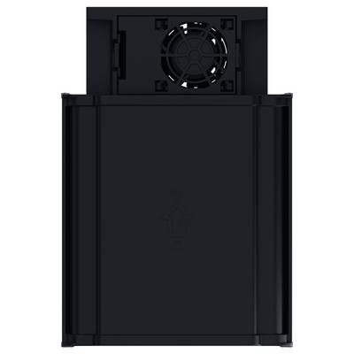 Black rectangular appliance or storage unit with a large front panel and a top section featuring a circular fan grille.
