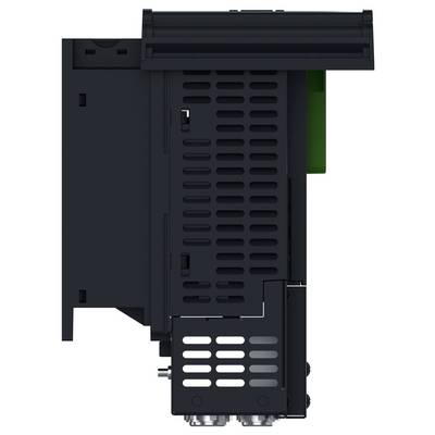 Black industrial electronic module with vented side panels and connector terminals, shown in profile against a white background.