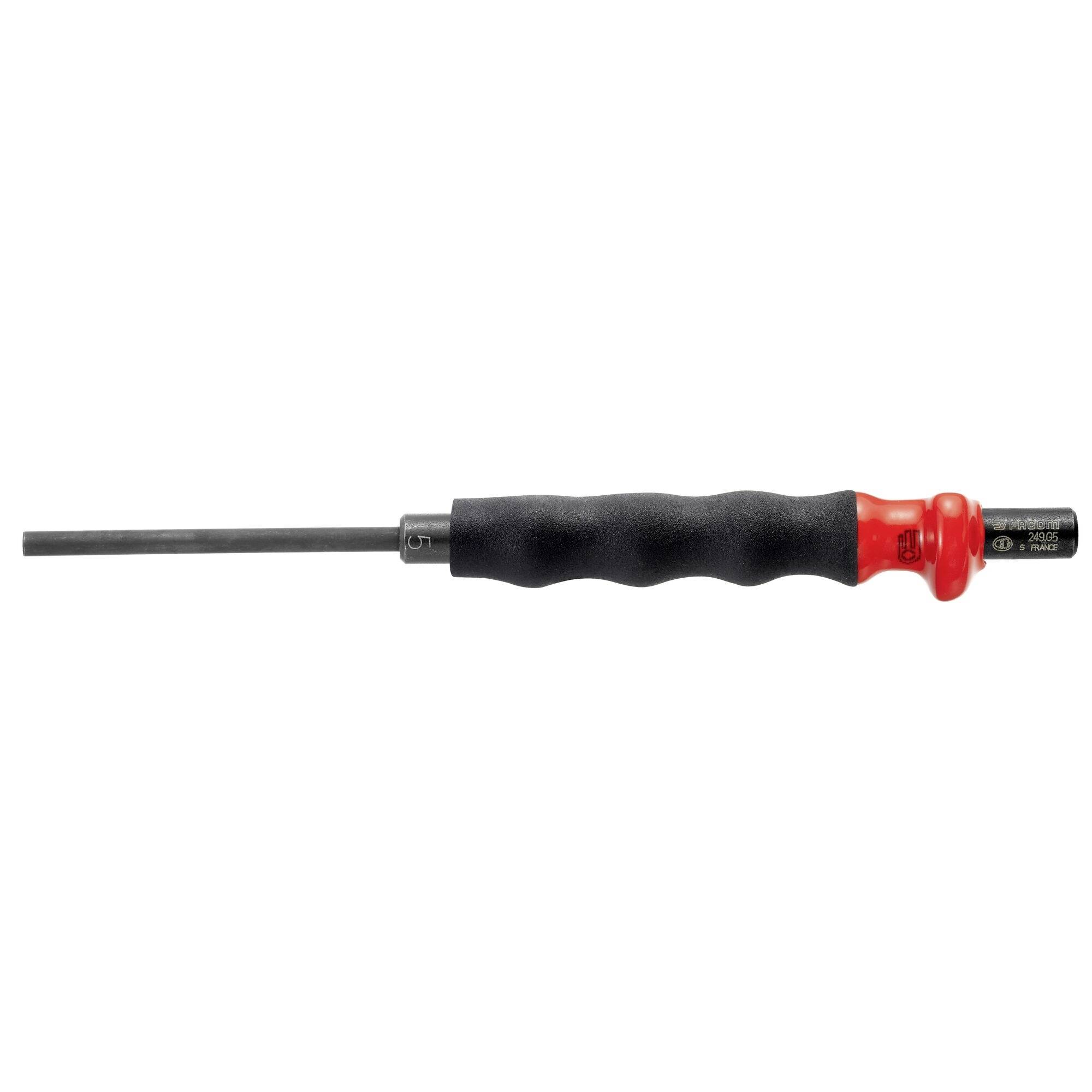 Black-handled screwdriver with a red end cap, shown horizontally on a white background.