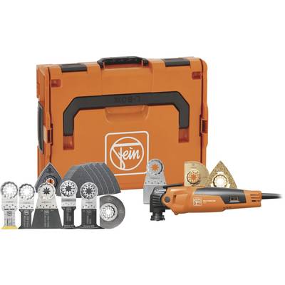Orange Fein tool case with oscillating multi-tool, blades, sanding pads, and accessories displayed in front<br>