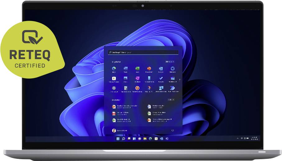 Laptop displaying the Windows 11 desktop with the Start menu open, plus a 'RETEQ CERTIFIED' badge on the left side of the screen.