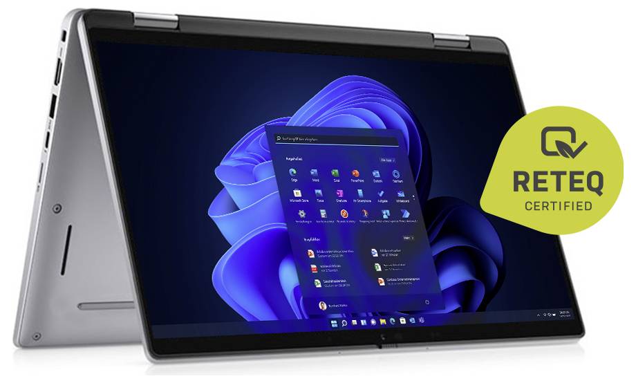 Two-in-one laptop shown in tent mode with Windows 11 desktop on screen and a 'RETEQ CERTIFIED' badge beside it.