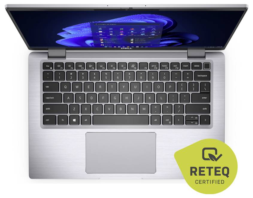 Top view of a silver laptop with screen open, showing a Windows desktop; RETEQ Certified badge appears at the bottom right.