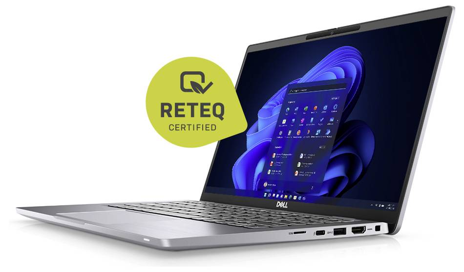 Dell laptop shown open with Windows 11, overlaid with a 'RETEQ CERTIFIED' badge indicating certification.