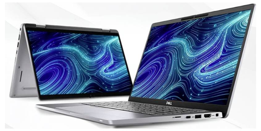Two Dell laptop computers displayed in a convertible setup, both screens showing a blue abstract swirl wallpaper.