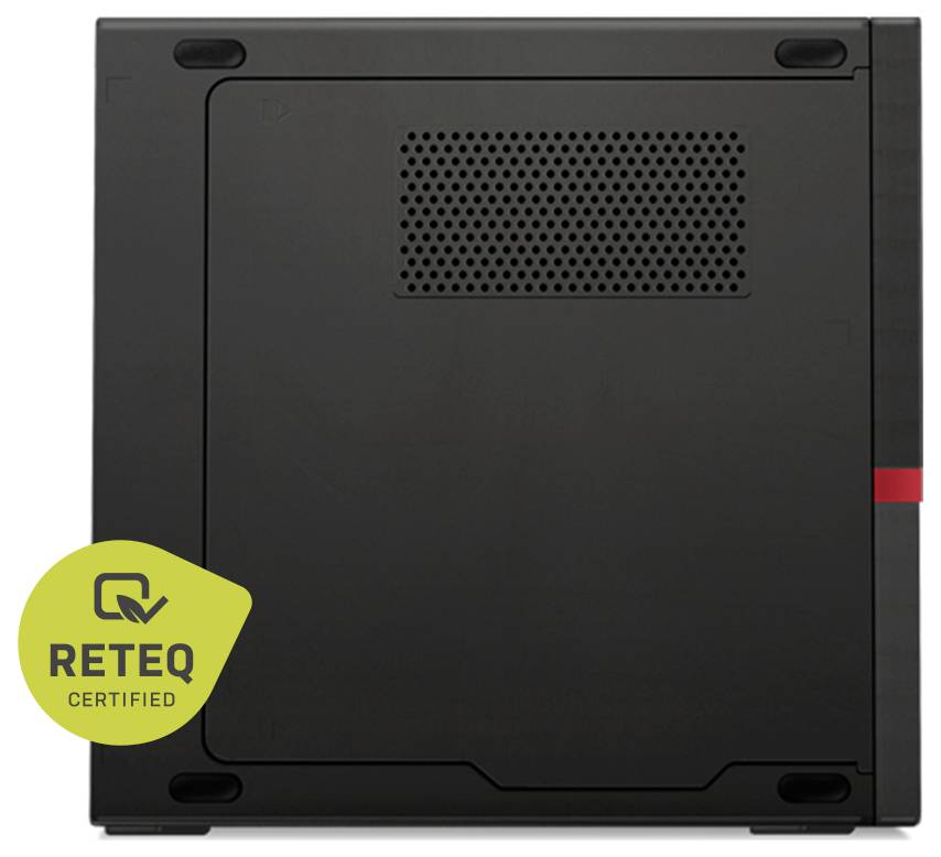 Black computer case side panel with ventilation grille and a yellow 'RETEQ CERTIFIED' badge in the lower left.