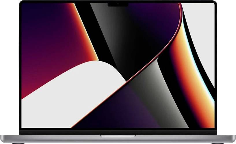 A silver laptop with its screen open, displaying a colorful abstract wallpaper of curved red, purple, black, and orange shapes.