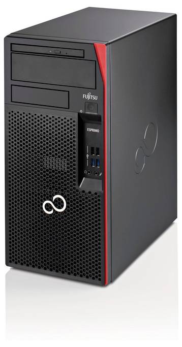 Black Fujitsu desktop tower computer shown in three-quarter view, with front drive bays, perforated grille, and red accent strip.