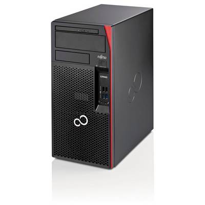 Black Fujitsu desktop tower computer shown in three-quarter view, with front drive bays, perforated grille, and red accent strip.