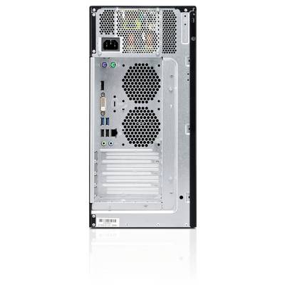 Back of a desktop computer tower showing power supply, ventilation grilles, and multiple ports including USB, audio, and video connectors.