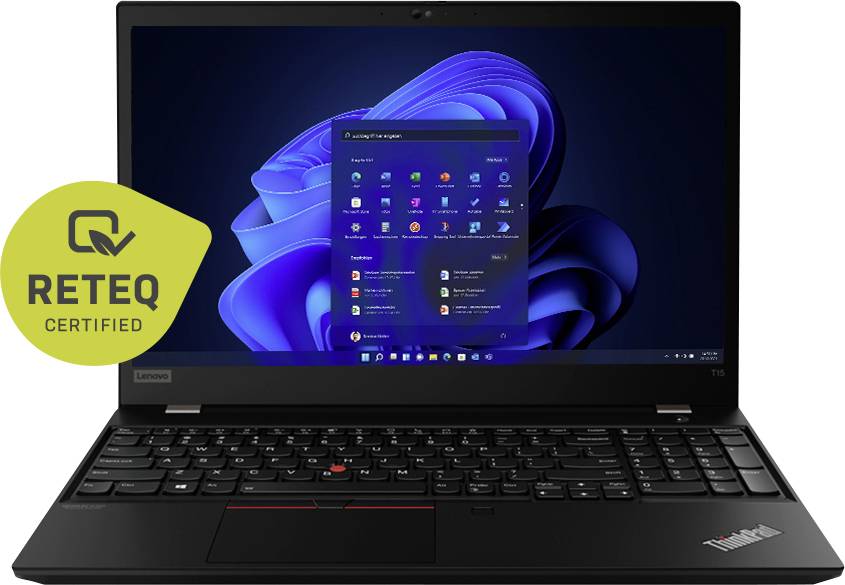 Black Lenovo ThinkPad laptop open with Windows 11 Start menu on screen and a REteq Certified badge on the left.
