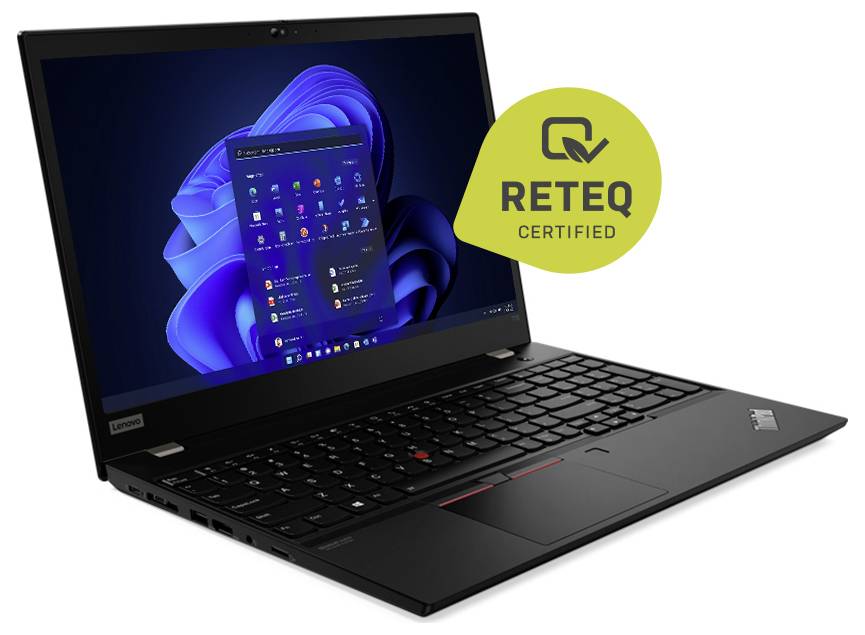 Black Lenovo laptop open on Windows 11 with 'RETEQ CERTIFIED' badge overlay.