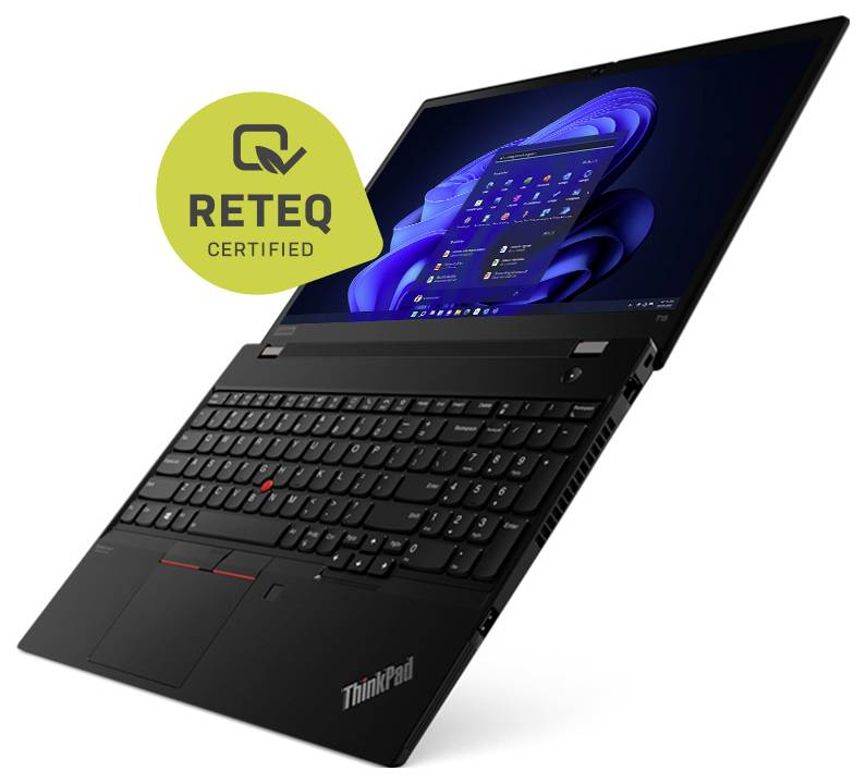 Black Lenovo ThinkPad laptop shown open at an angle, with a yellow 'RETEQ CERTIFIED' badge beside it.