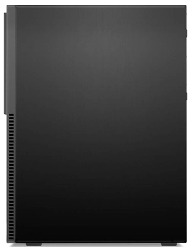 Black rectangular computer tower case shown front-on with side ventilation slots and plain matte finish.