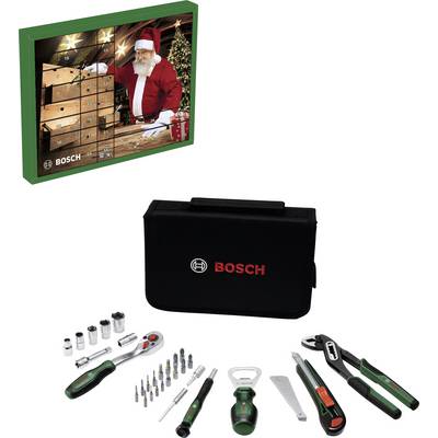 Bosch advent calendar with Santa artwork, black Bosch tool pouch, ratchet, sockets, screwdriver bits, utility knife, file, and pliers on a white background.<br>