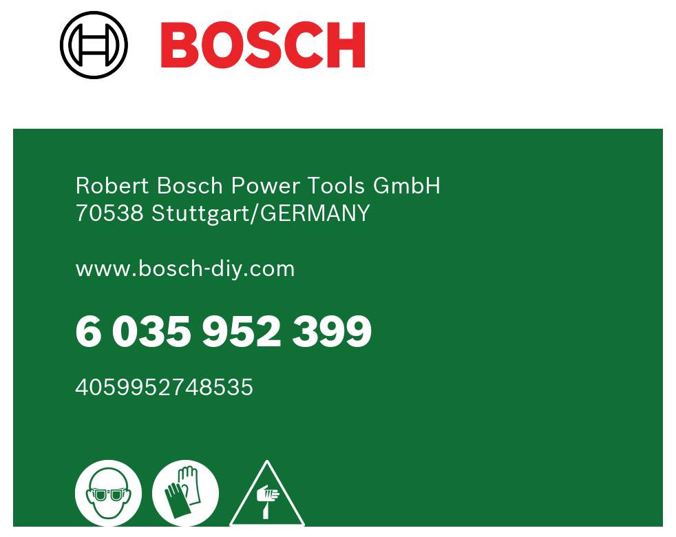 Bosch Power Tools label showing company name, Stuttgart Germany address, website, part number 6 035 952 399, and safety icons for eye, hand, and general protection.