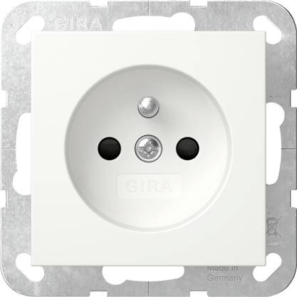 White Gira electrical wall power outlet with two round socket holes and central grounding contact on a metal mounting frame.