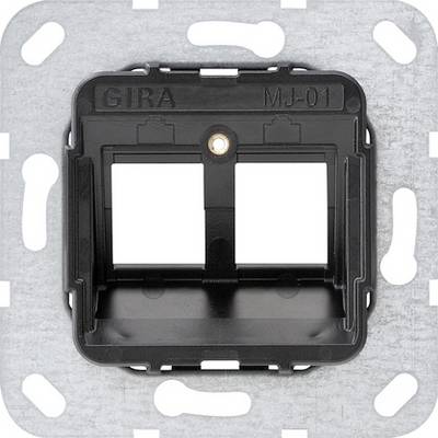Black GIRA MJ-01 two-port wall mounting frame on a metal bracket, centered against a white background.