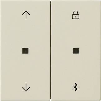 Two beige elevator control buttons: left for up and down arrows, right with lock icon and Bluetooth symbol, each with a square center button.