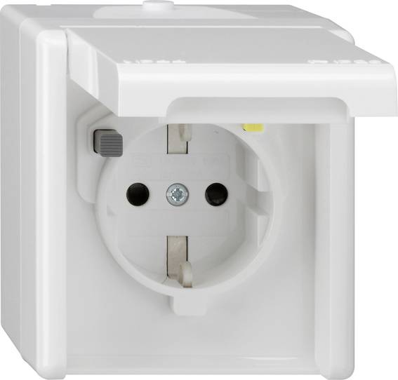 White electrical wall socket outlet with protective cover, shown front-on on a plain background.