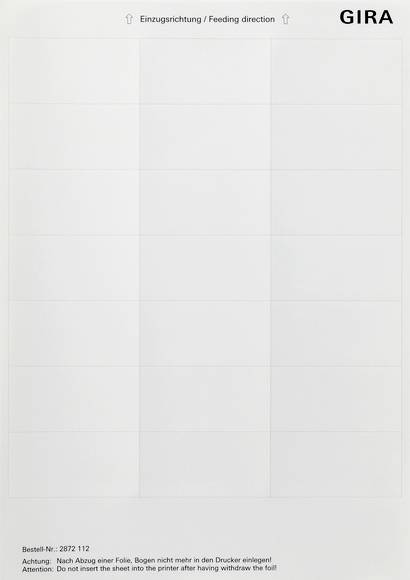 Blank white GIRA sheet with grid lines and feeding direction arrows; warning text at bottom says not to insert the sheet into the printer.