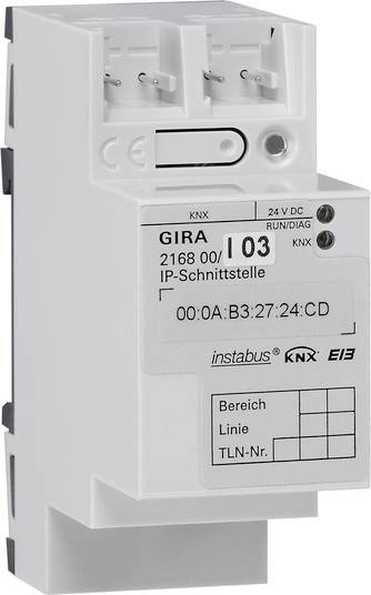 White Gira KNX 24 V DC IP interface module with labeled front panel and status lights<br>