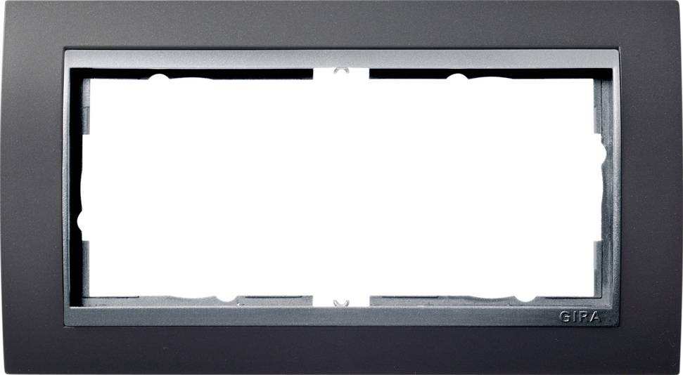 Empty rectangular electrical wall faceplate with a central opening, shown in dark gray with the GIRA logo at bottom right.