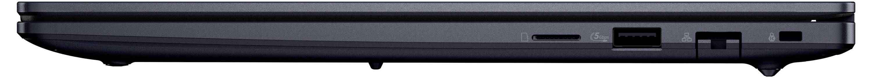 Side view of a closed black laptop showing the thin base edge with a vent, USB port, and other side connectors.