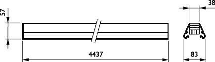Technical dimension drawing of a long rectangular bar, labeled 4437 mm long, 57 mm high, and 83 mm wide at the end view.