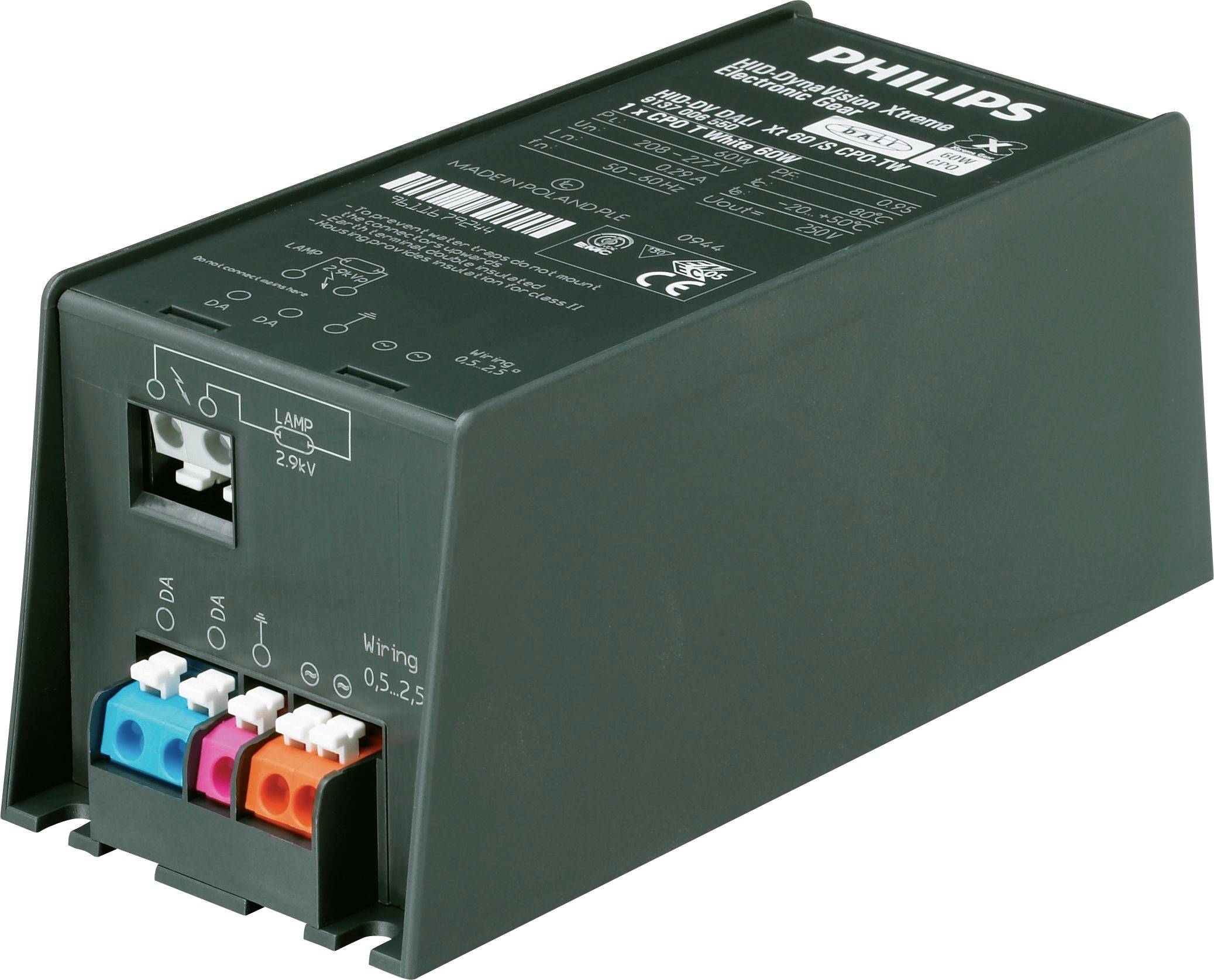 Black Philips electrical ballast module with labeled wiring terminals and connector slots, shown on a white background.