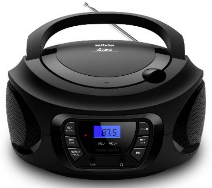 Black portable boombox radio with carrying handle, antenna, speakers, and blue digital display showing 87.5.