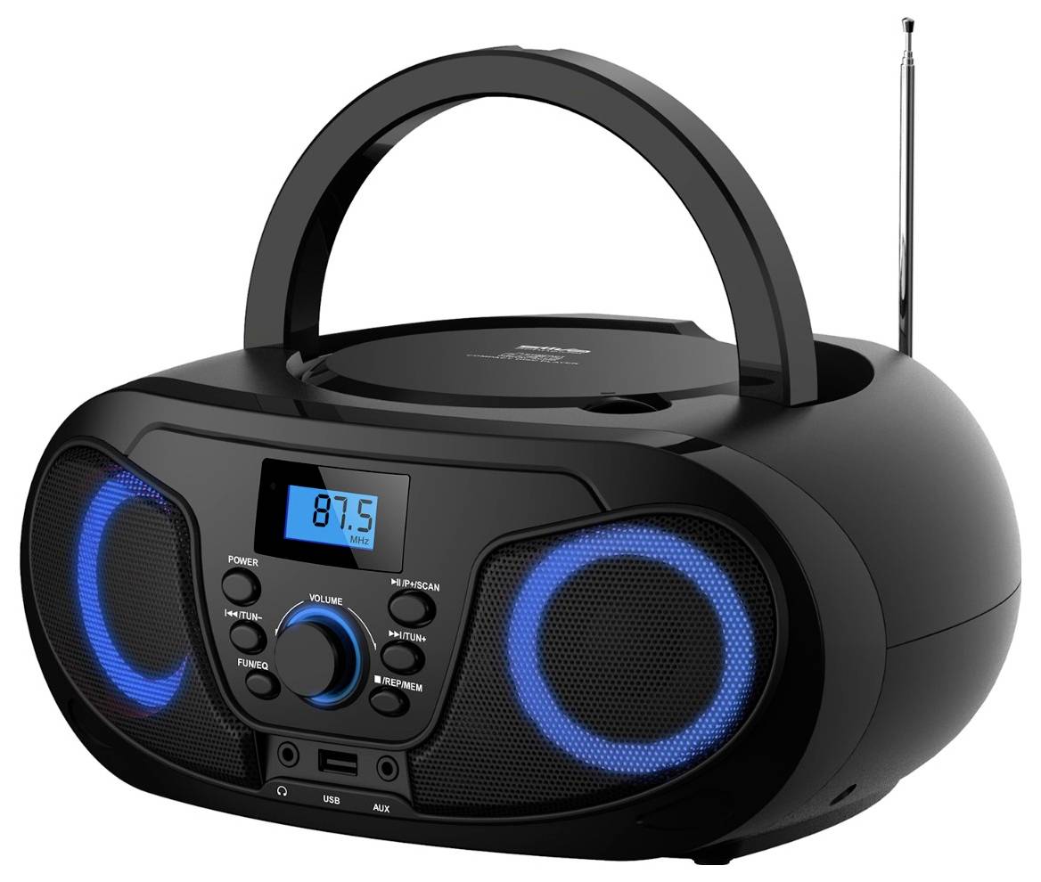 Black portable boombox with carry handle, blue-lit speakers, radio antenna, and front controls for power, volume, and input.