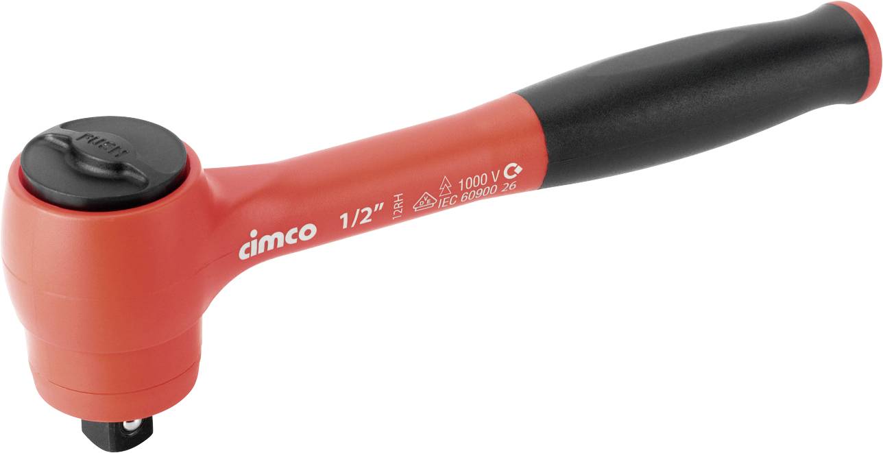 Red and black Cimco 1/2-inch insulated ratchet wrench with angled head on a white background.