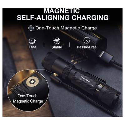Advertisement for a flashlight with 'Magnetic Self-Aligning Charging' and 'One-Touch Magnetic Charge', emphasizing fast, stable, hassle-free charging.