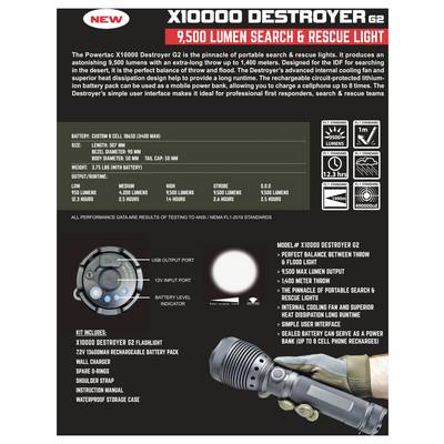 Product infographic for the 'X10000 Destroyer G2' flashlight: 9,500-lumen rechargeable search-and-rescue light with beam range, runtimes, modes, specs, included accessories, and feature callouts.