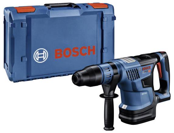 Bosch rotary hammer drill with side handle, shown beside a blue Bosch carrying case on a white background.