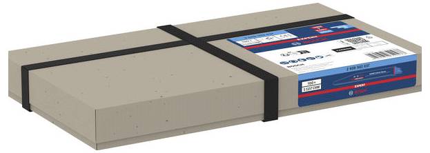 Two stacked beige cardboard boxes secured with black straps, the top one labeled with a blue-and-red shipping or product label.