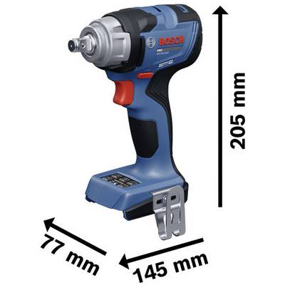 Bosch cordless impact wrench shown with size measurements: 205 mm tall, 145 mm long, and 77 mm wide.