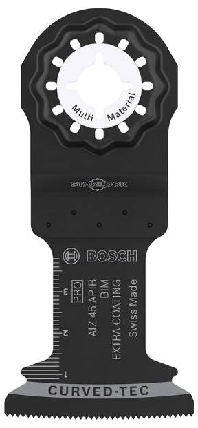 Bosch STARLOCK CURVED-TEC oscillating multi-tool blade labeled 'Multi Material' and 'PRO AIZ 45 ABIM', with measuring marks and 'Swiss Made'.