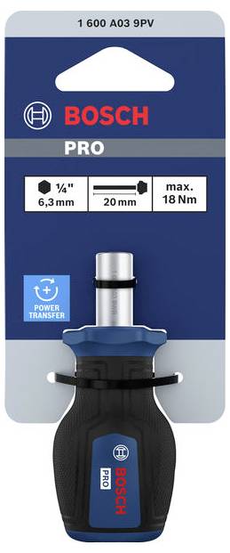 Bosch Pro tool packaging for 1 600 A03 9PV, showing a power transfer accessory with 1/4 in, 20 mm, max. 18 Nm specifications.