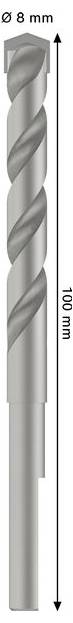 Silver 8 mm drill bit with a 100 mm length label, shown vertically on a white background.