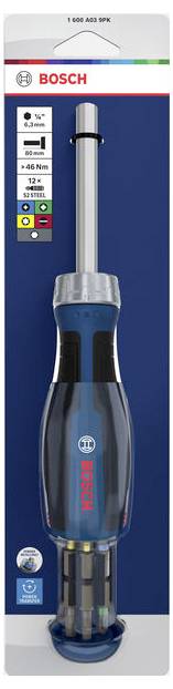 Bosch insulated screwdriver with transparent blue handle, shown on product packaging with size and feature icons.