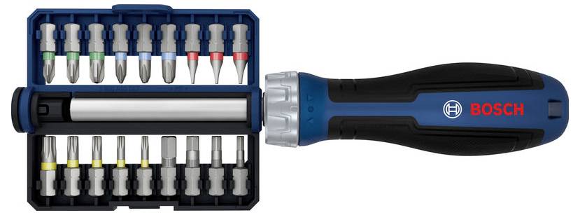 Bosch screwdriver handle with a case of interchangeable driver bits, shown on a white background.